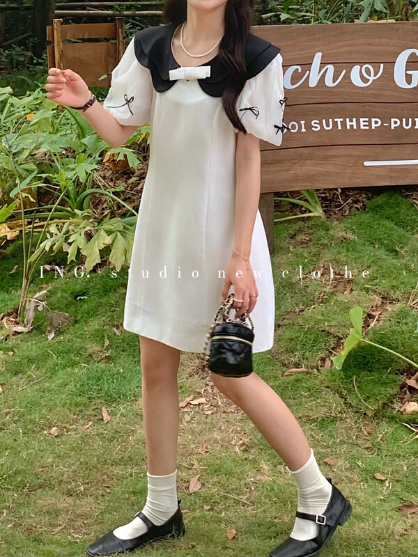 [ing] French color contrast bow doll neck dress 7785\hbx