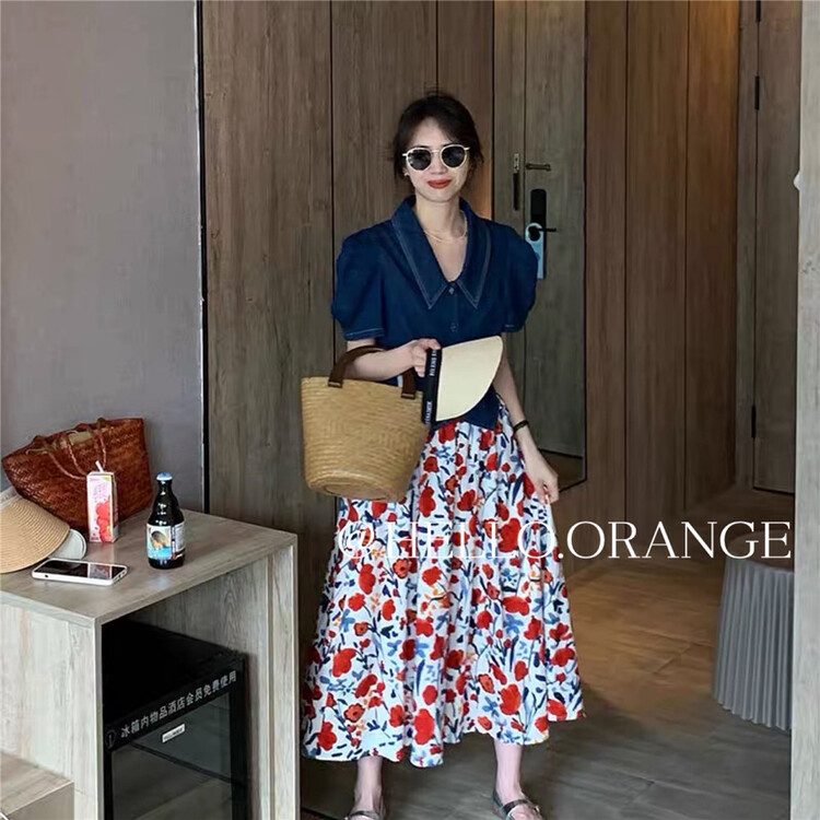 [orange] narrow waist bubble sleeve blouse + French retro floral skirt suit (with belt) 8856\hbx