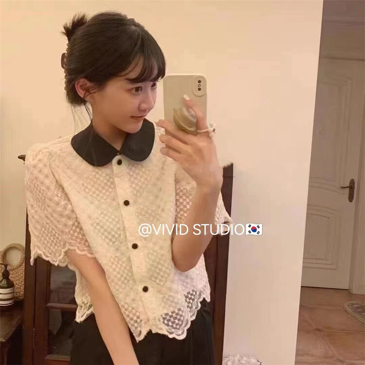 [vivid] Korean color contrast baby collar shirt 1712\zjy