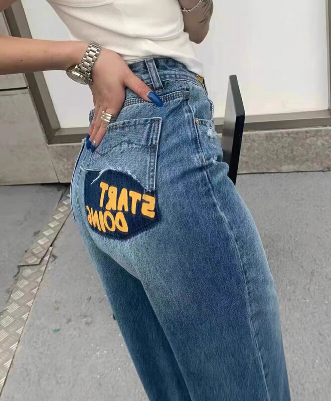 [thousand degree] contrast color stitching printed loose straight jeans at back pocket 10772\lsw