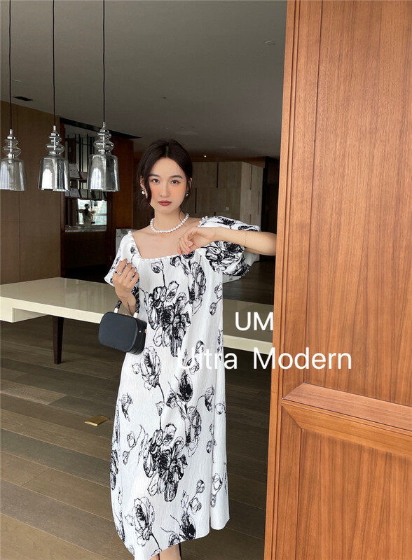 [um micron] elegant retro round neck Printed Dress 88320\hjy