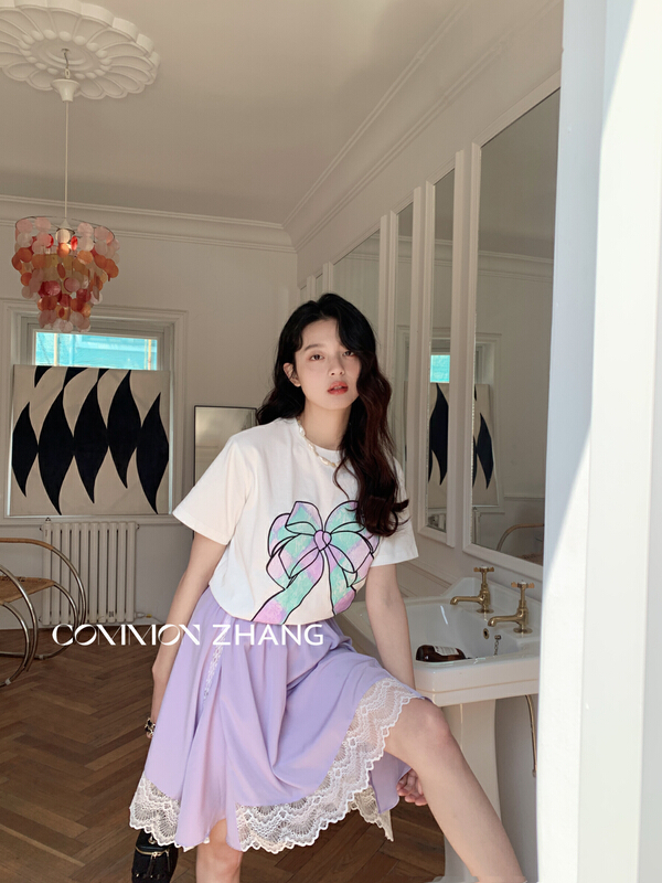 [CZ Zhang] bow print versatile fashion short sleeve T-shirt 62497\xyj