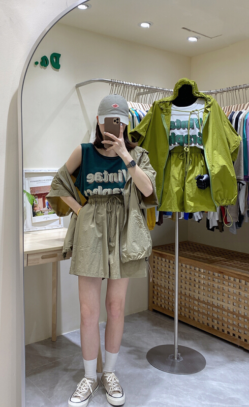 [da.7] simple casual hooded sunscreen shirt + casual shorts two piece suit 2556-1 \lsl