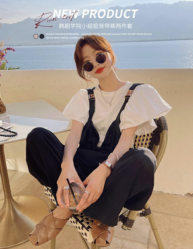 [y.jia EJA] casual bubble sleeve short sleeve T-shirt + versatile slim suspender suit ys1-1060\pcz