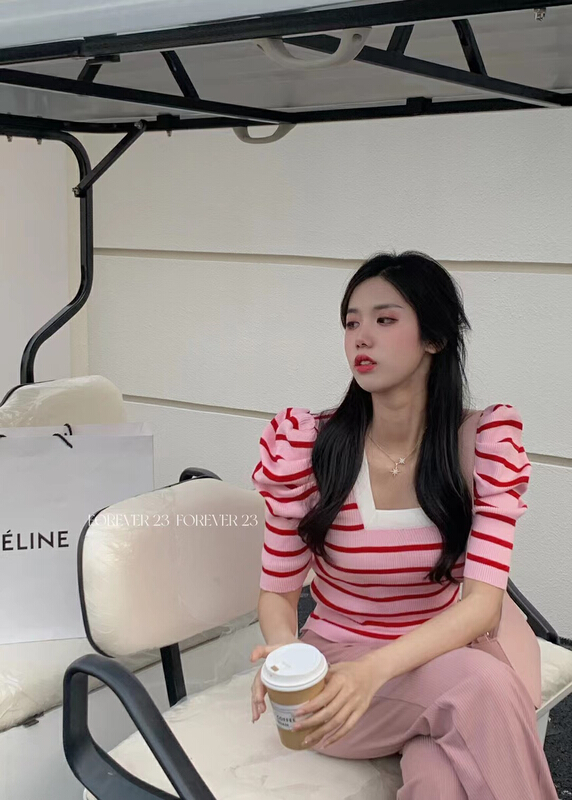[forever23] striped bubble sleeve fashion shirt a1081\hjy