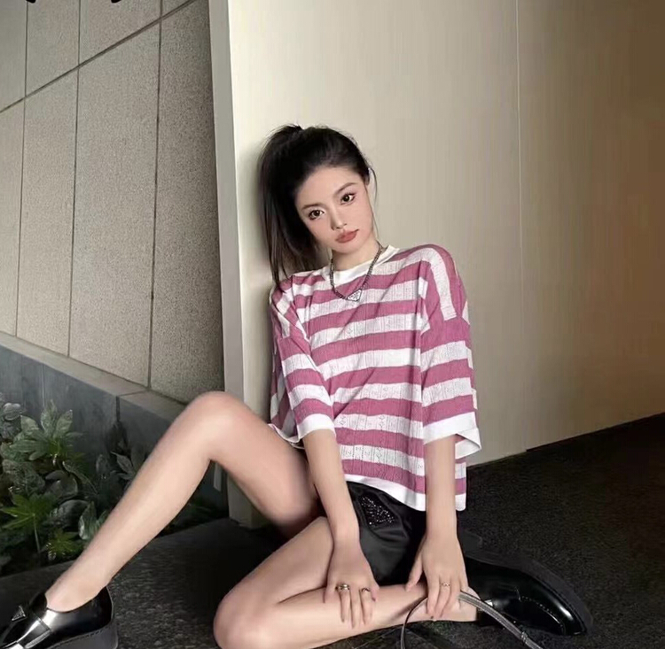 [f · P] Korean hollow out stripe short sleeve T-shirt f866\hbx