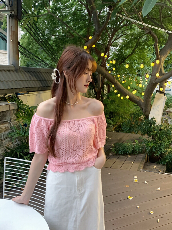 [as] pure style small fly sleeve hollow pattern knitted shirt 7021\hjy