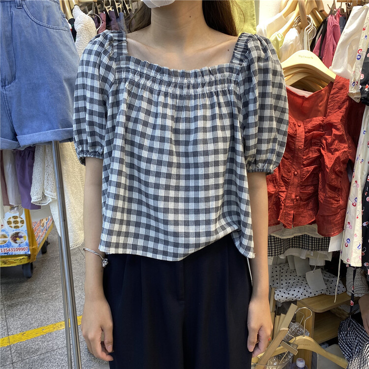 [spinach family spinach] lattice fashion Korean shirt 8892\hbx