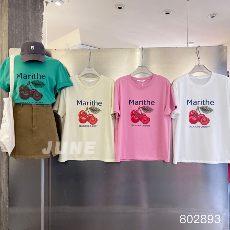 [June] Korean round neck cherry printed short sleeve T-shirt 802893\xyy