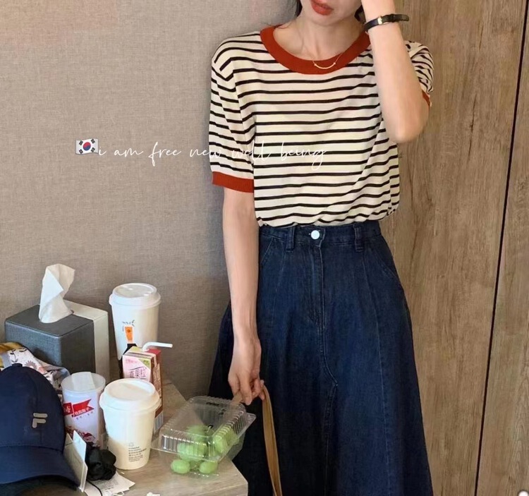[free studio] crew neck stripe comfortable short sleeve T-shirt 2270\hjy