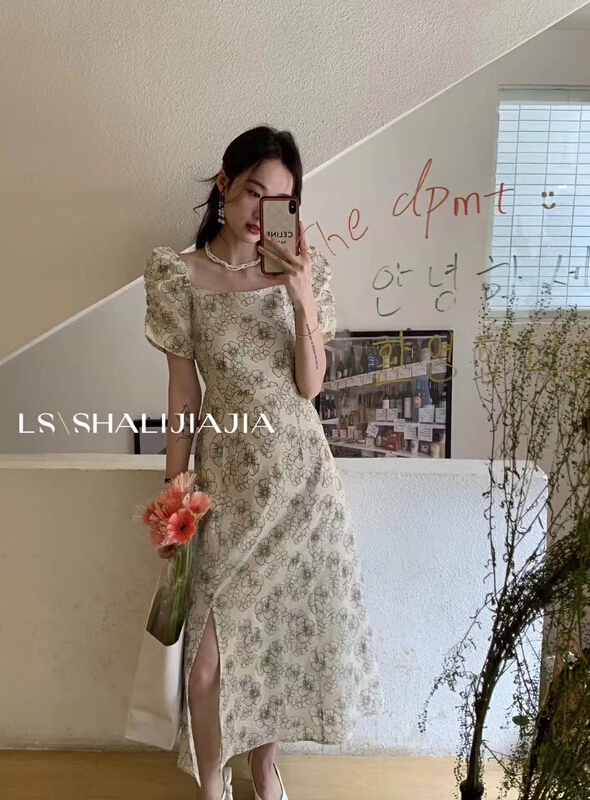 【 LS 】 waist closing temperament bubble sleeve dress 8370\wpl