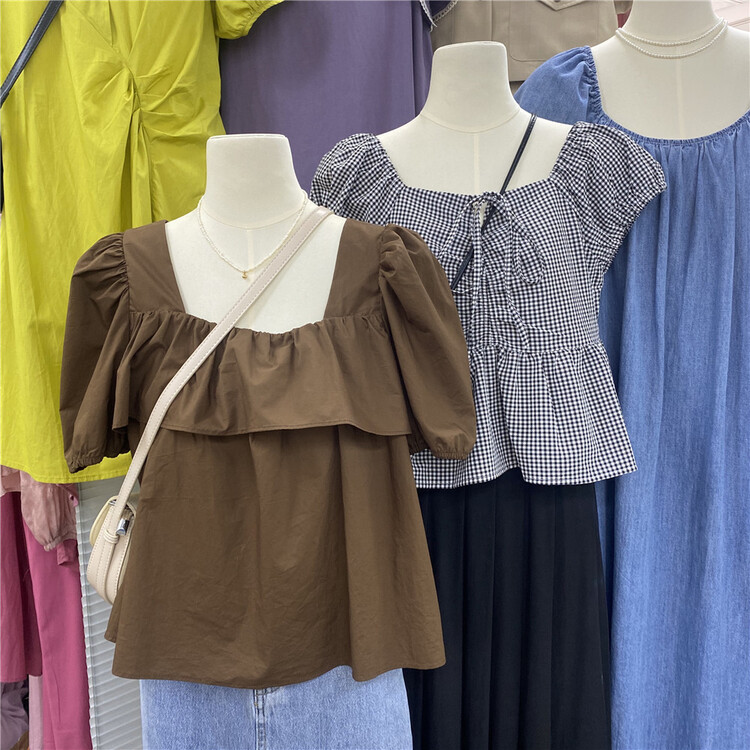 [suyar] Square Neck Lace Up bubble sleeve shirt 1353\hbx