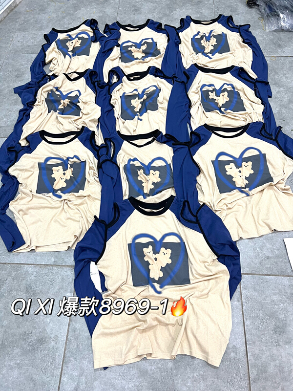 [Qixi] casual color matching loose off shoulder love sunscreen shirt 8969-1\xyy