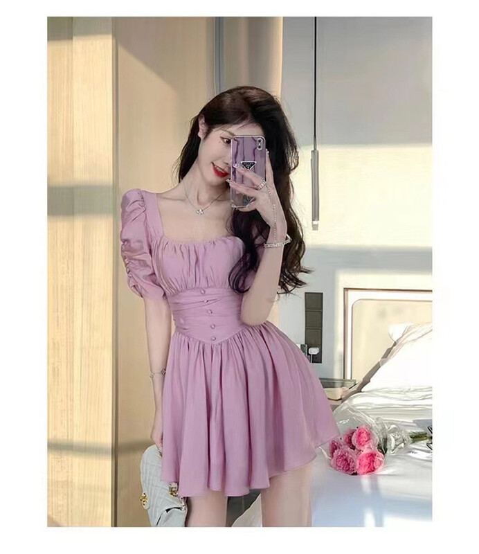 [see you] simulated silk waist closing bubble sleeve dress 31026\pcz
