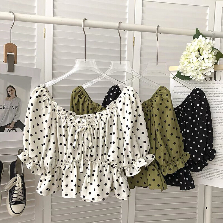 [Gangan] ruffled off-line collar off shoulder bubble sleeve Korean versatile pullover shirt 2262\cl
