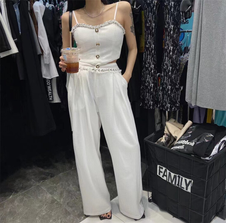 [buyer Yan Xuan - God of wealth] ribbon edge Spice Girl suspender Vest + slim drop casual pants set 1610\cl