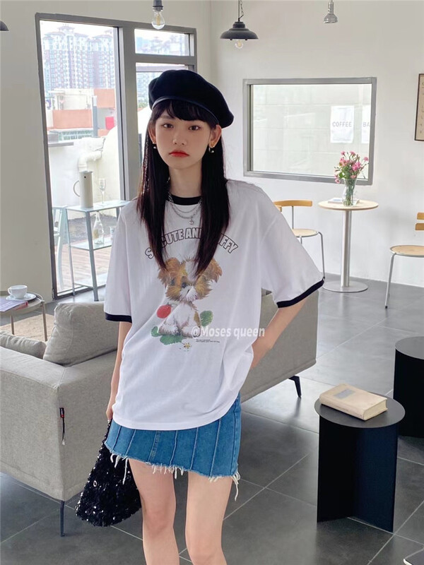 [Moses queen] puppy print loose fit versatile short sleeve T-shirt 50338\xyy