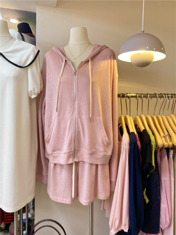[cepar] Korean hooded loose double pocket long sleeve sunscreen shirt + casual lace up suit 7230\hjy