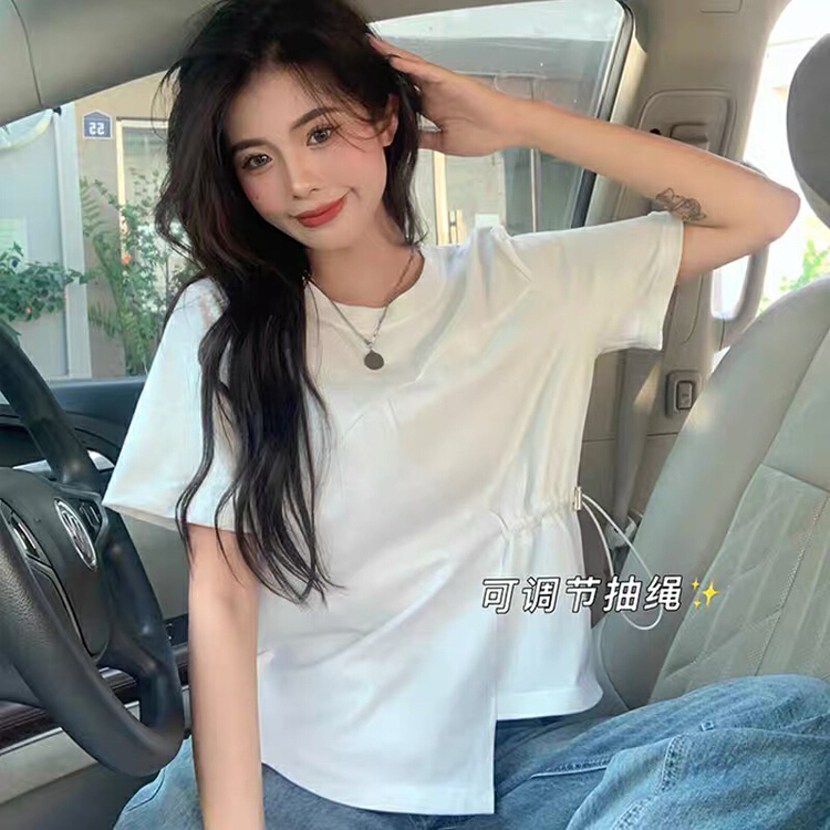 [blue show] design drawstring irregular waist closed short sleeve T-shirt 01026\lsw