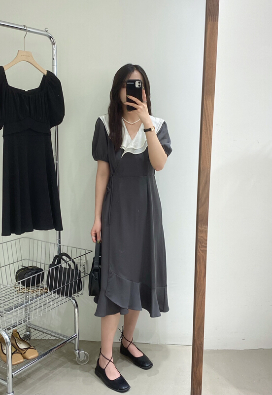 [chocolate] Korean color matching flounce one piece lace up dress 28119\ll