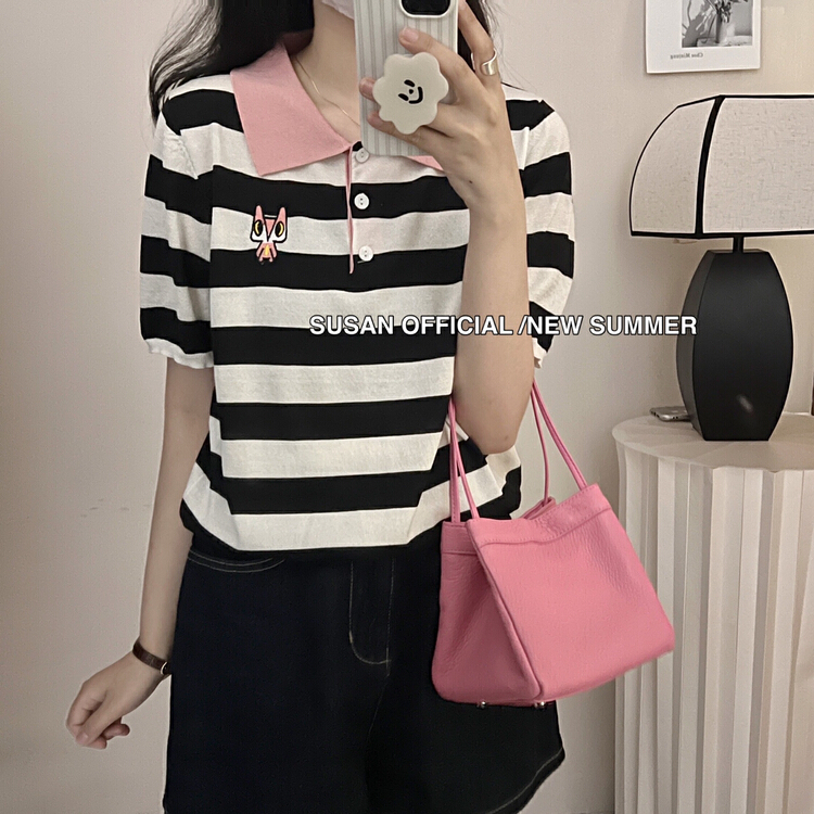 [Susan] cartoon embroidered stripe polo collar short sleeve T-shirt 19125\lsw
