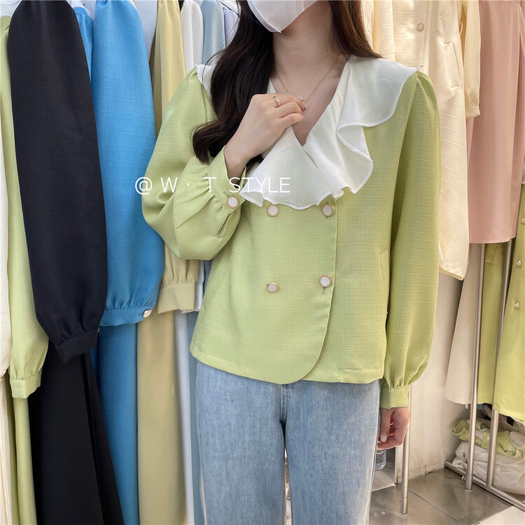 New year in early spring! [wt] temperament color blocked V-neck double breasted shirt 9017\hbx