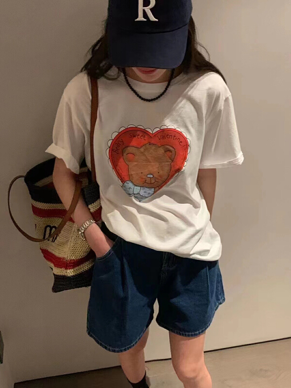 [Xiaolu family] love bear printed cartoon short sleeve T-shirt 80662\wtt