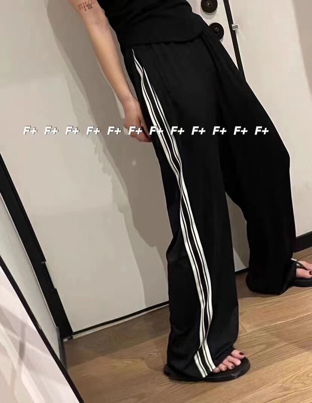 【F】 Elastic waist stripe wide leg casual pants 1392\hbx