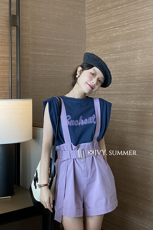 [Ivy] Korean alphabet printed shoulder pad short sleeve T-shirt + age reducing strap Skirt Set (with belt) 88309\jhy