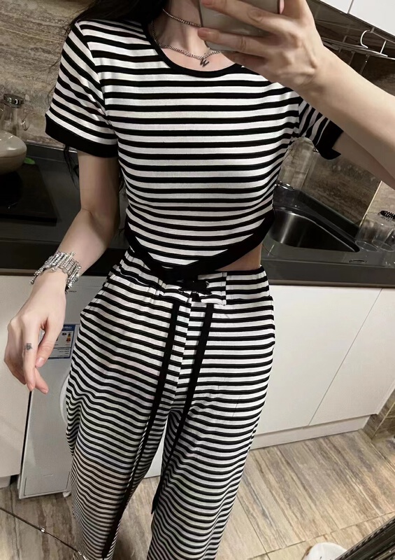 [c.h.z] irregular stripe short sleeve T-shirt + drawstring tie casual pants set 90933\wtt