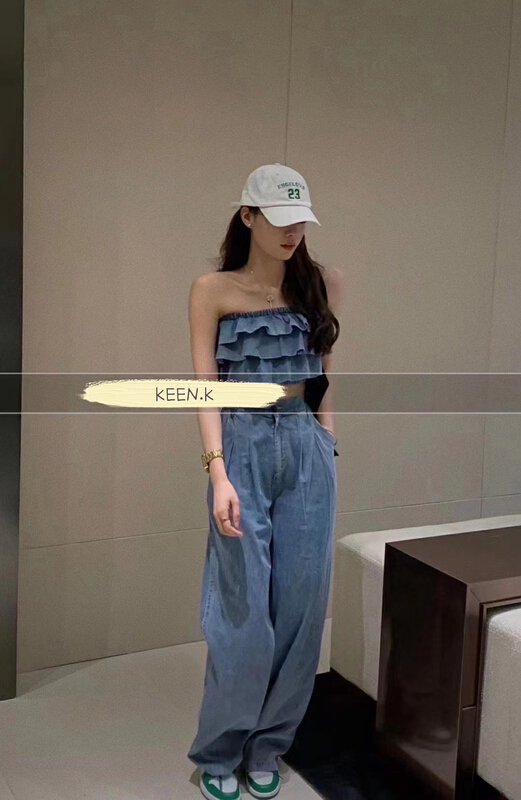 [keen k] cake lace Strapless Vest + straight Wide Leg Jeans set tz64\wtt