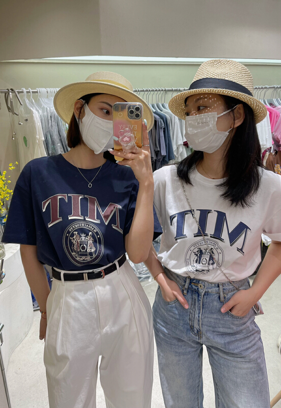 [attitude] round neck simple letter printed short sleeve T-shirt aq4520