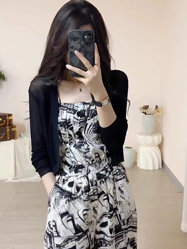 [jun.t] premium printed Strapless Jumpsuit + cardigan two piece suit 6228\pcz