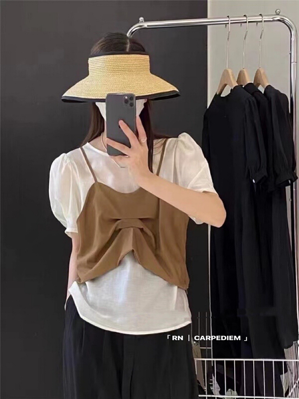 Korean design pleated suspender Vest + simple and versatile small shirt set 81213\ll