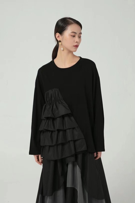 [size] Korean round neck patchwork Ruffle long sleeve T-shirt 2893-1\lsw