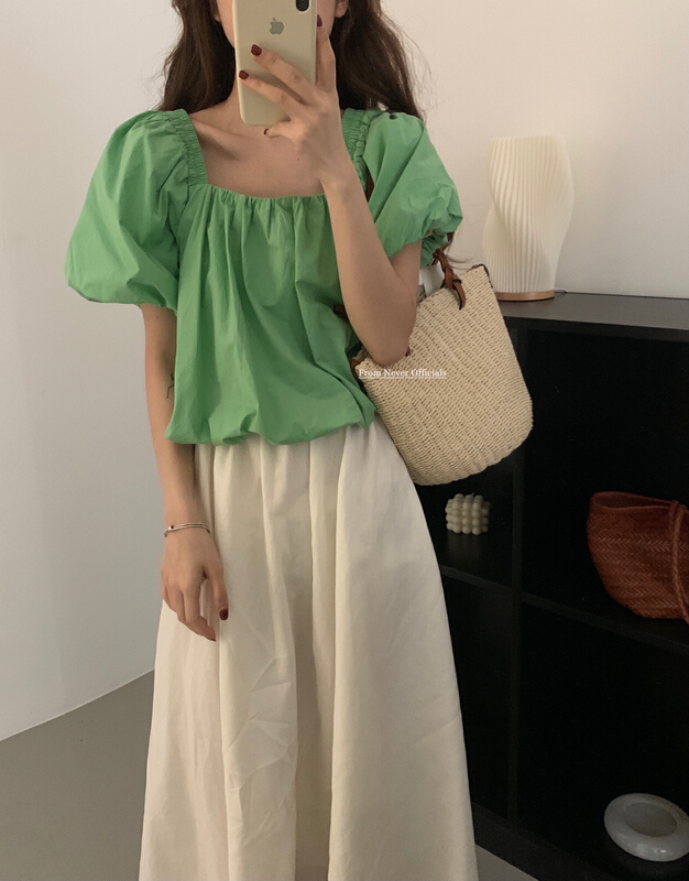 [jin.c] simple solid color square neck bubble sleeve short shirt h3110\xyy