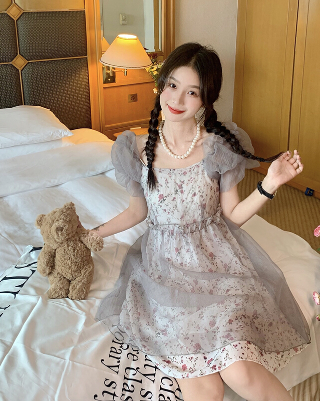 [dolly] pure desire net yarn bubble sleeve tea break floral dress (dress only) 2456\pcz