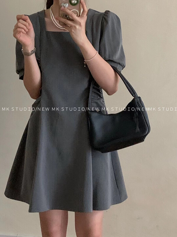 [MK] square neck and waist short dress (with headdress) 3286\hjy