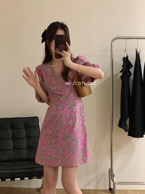 [m.zi studio] V-neck floral dress 16121\hbx