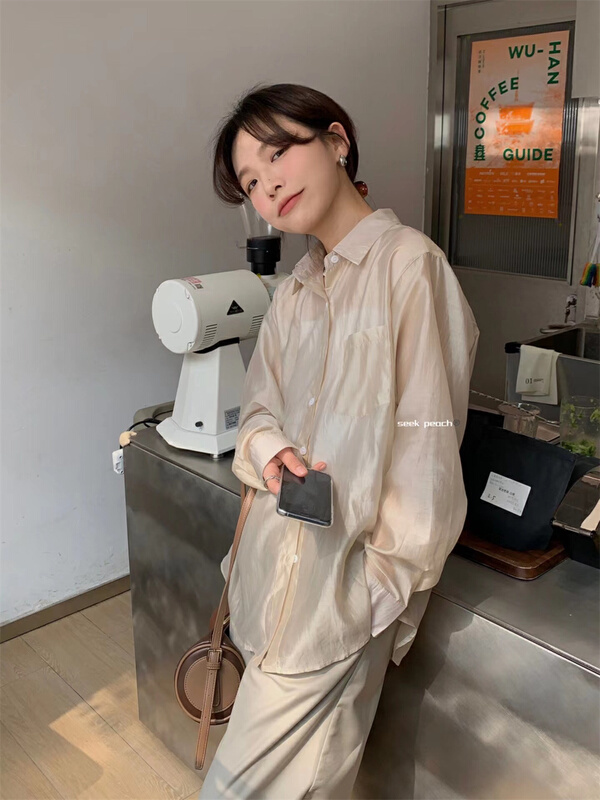 [seek peach] casual simple solid color long sleeve shirt s5002\ll