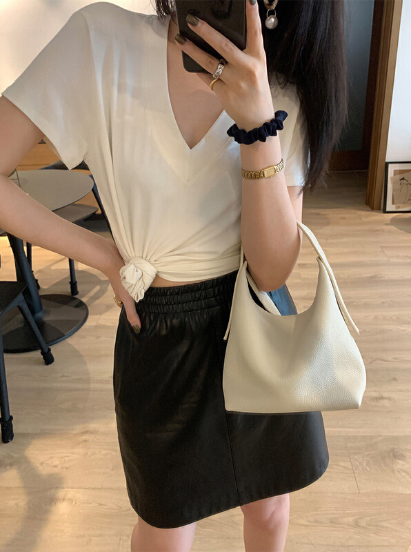 [wgwe] casual simple V-neck design irregular short sleeve T-shirt 1748\pcz