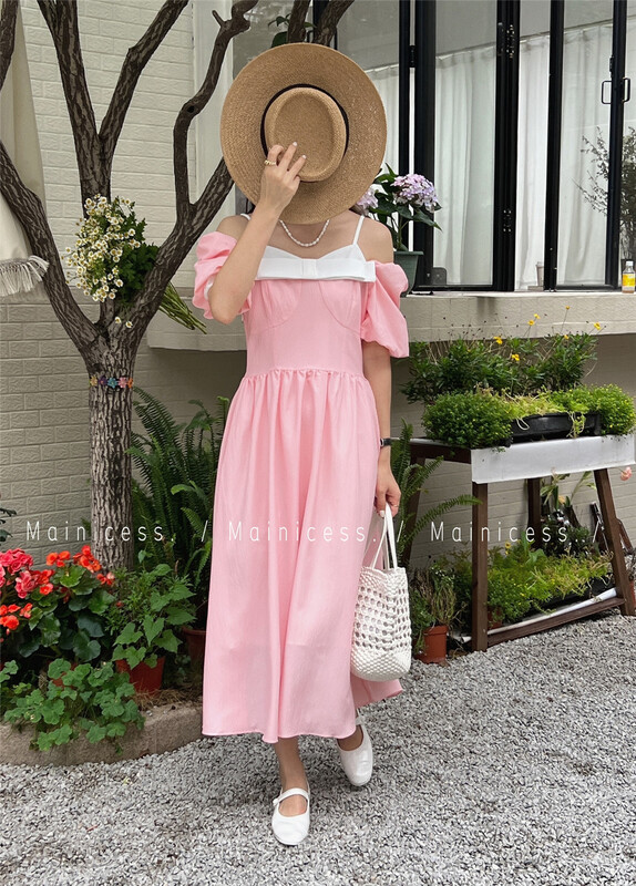 [mainecess] Korean color blocked waist slim dress 2615\cls