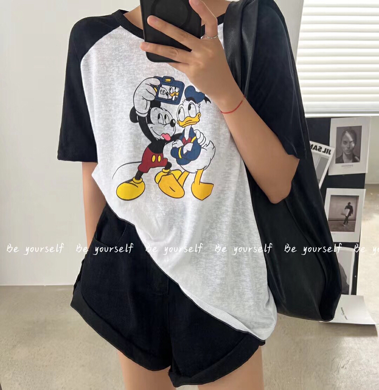 [be your self] Korean casual cartoon Mickey splicing design Short Sleeve T-shirt t66203\hyy