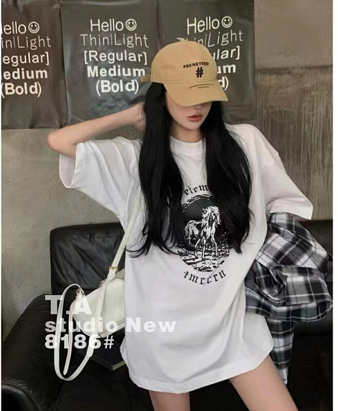 [ta+] Korean casual round neck printed short sleeve T-shirt 08186\xyy