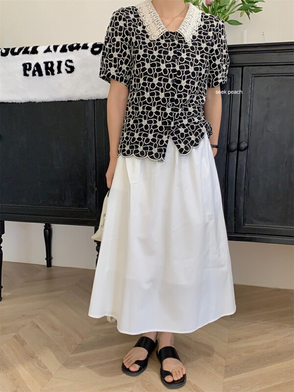 [seek peach] elegant temperament color blocking hollow out collar flower blouse s5226\ll