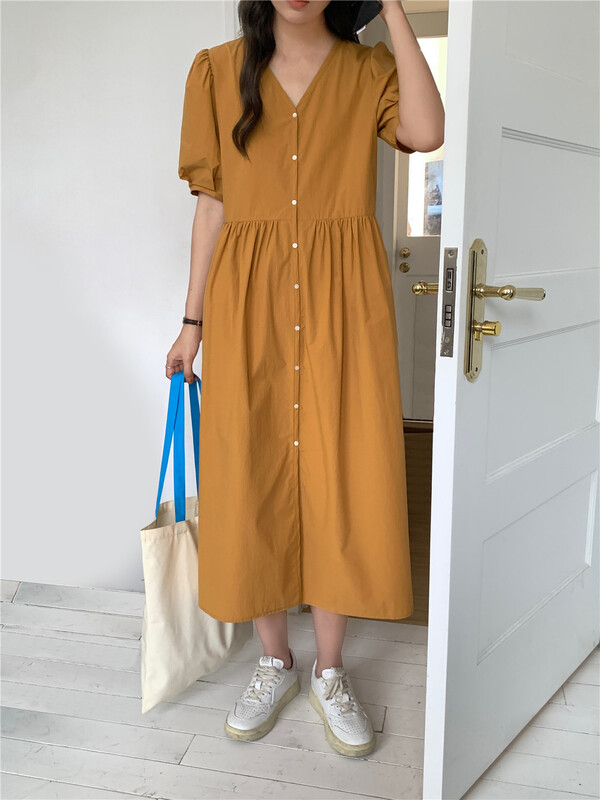 [feeding] Korean Solid Color Bubble Sleeve Button dress ys1-7803-d3\cqw