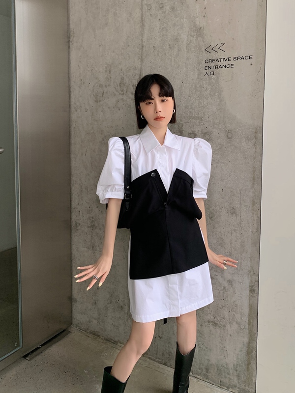 [pink Pinker] Korean style bubble sleeve fake two piece design dress 82582\lsl