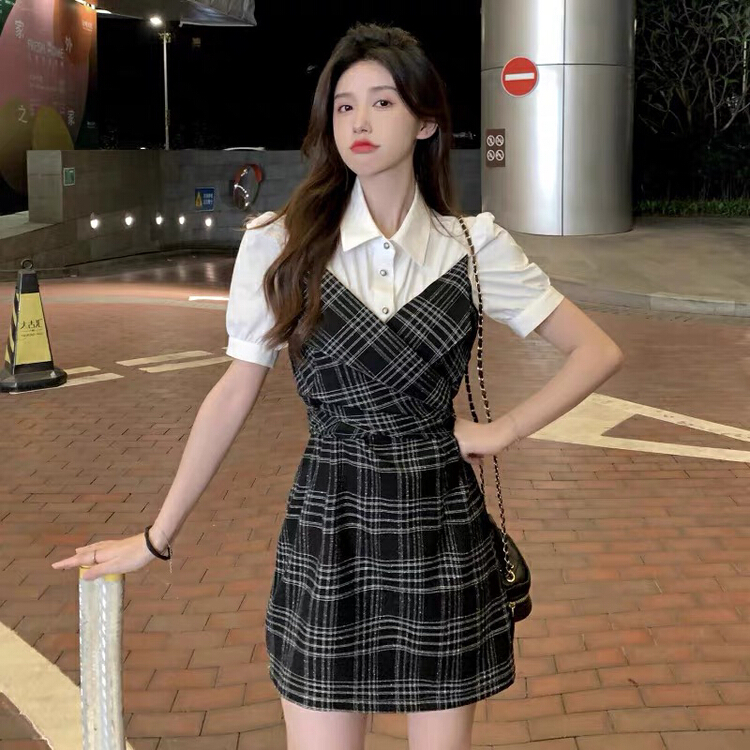 [Huaxi] fake two shirt mosaic Plaid Dress 9110\pcz