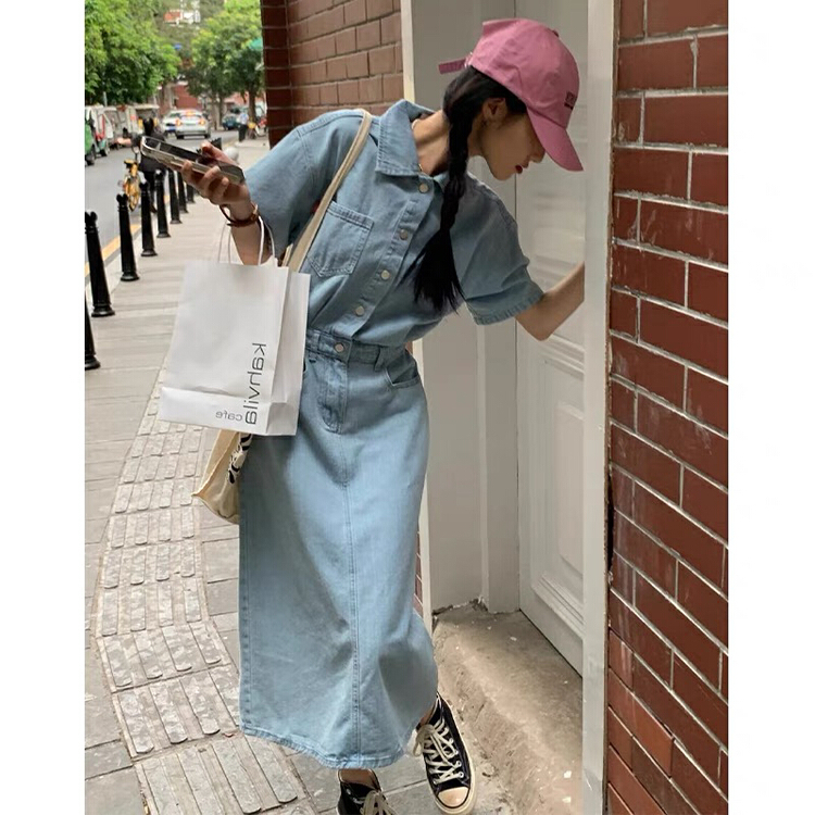 [Huaxi] Hong Kong style retro Denim Short Sleeve Dress 9165\pcz