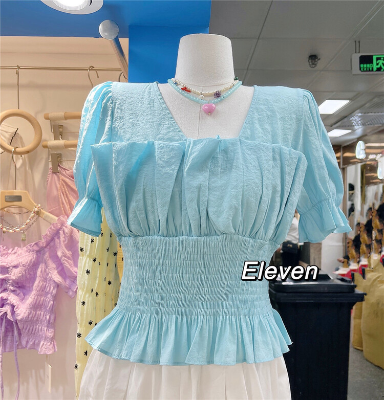 [eleven] temperament waist closing bubble sleeve short shirt 2383\pcz